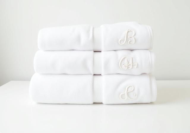 A stack of fluffy white towels with a custom embroidered monogram.